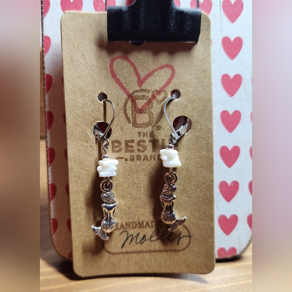 Handmade Silver in Color Mermaid Charm Dangle Drop Earrings Real Shell Beads